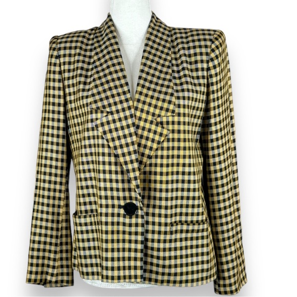 Vintage Kasper for ASL Black & Yellow Plaid Blazer Shoulder Pads Clueless Cher - Picture 9 of 9